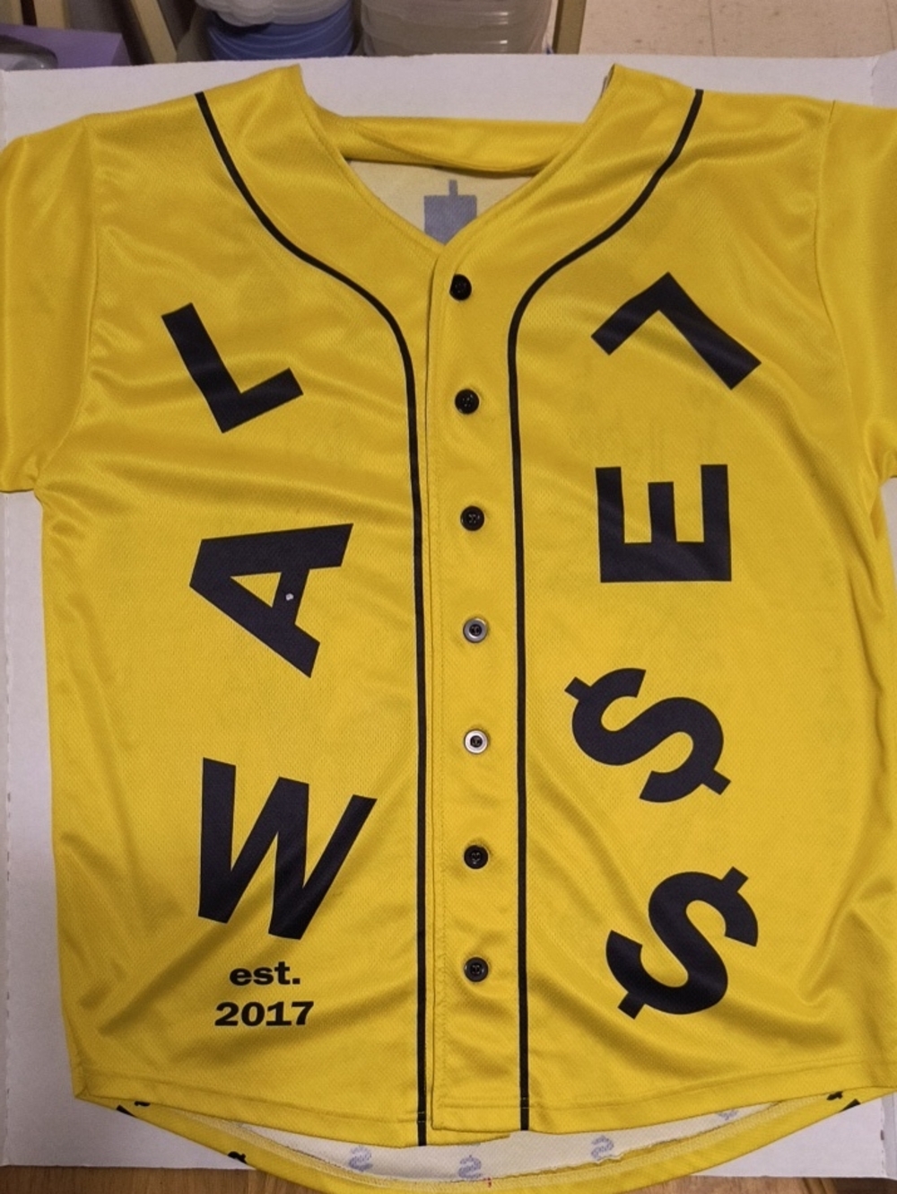 Yellow Button-Up Graphic Jersey with Black Lettering B6 Large Men's